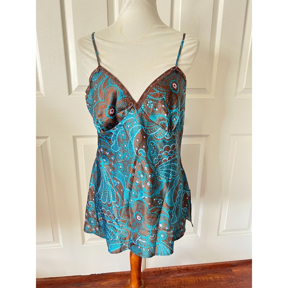 Vtg Xhilaration Womens Beaded Satin Paisley‎ Babydoll Tank Top Cami Size L Y2K